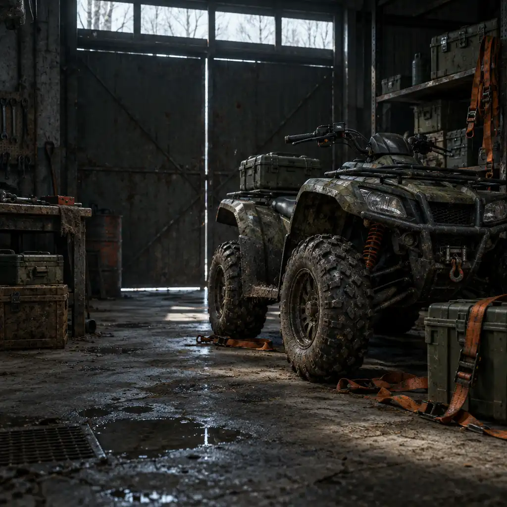 Terenowy quad ATV ustawiony w opuszczonym przemysłowym garażu obok stołu roboczego i skrzyń