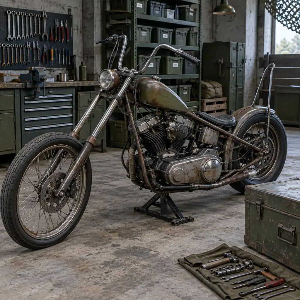 Terenowy motocykl chopper w surowym schronieniu warsztatowym z metalową skrzynią i uporządkowanymi pojemnikami