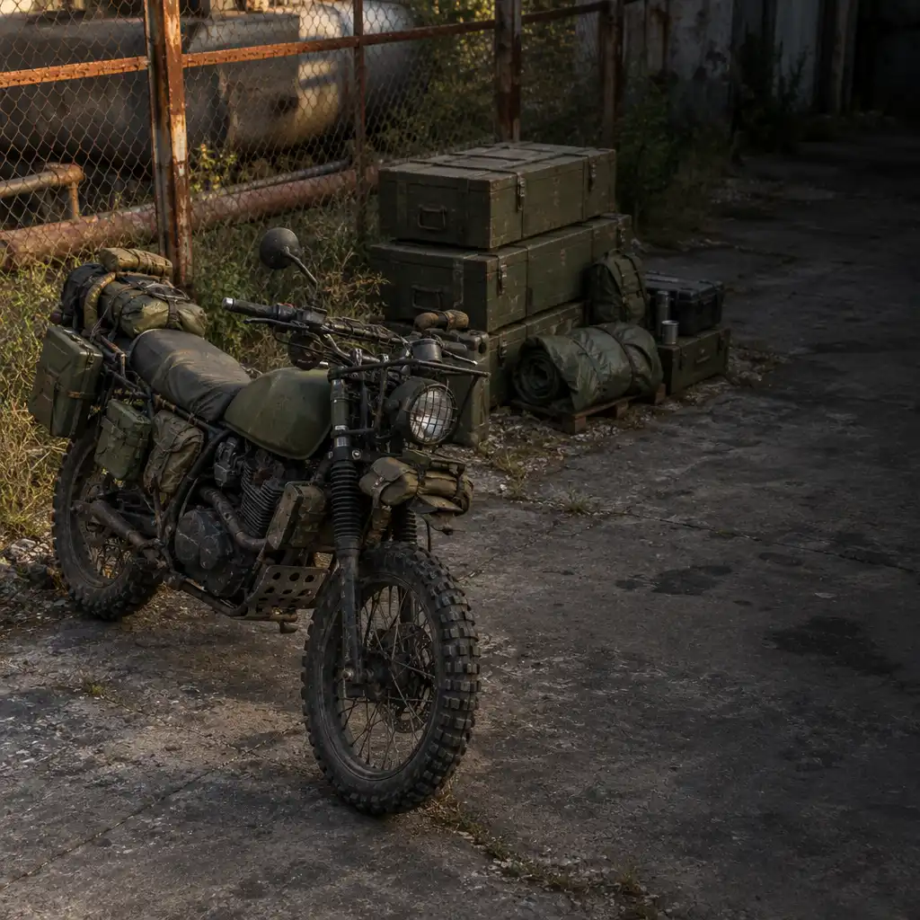Improwizowany motocykl przy zardzewiałym ogrodzeniu i skrzyniach z wyposażeniem terenowym