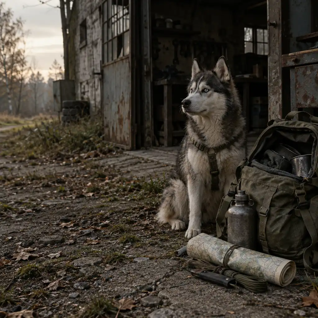 Pies typu husky przy otwartym plecaku, mapie i prostym wyposażeniu survivalowym