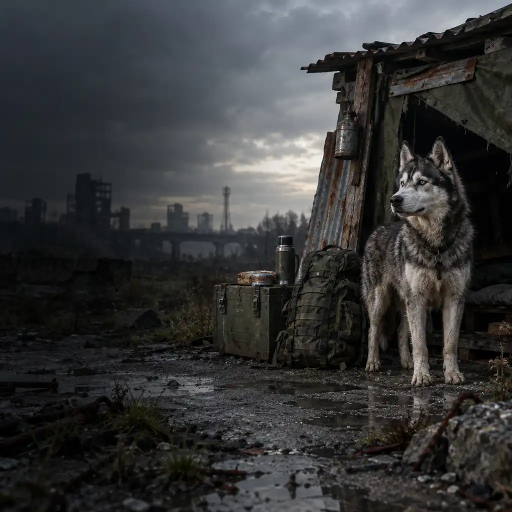 Pies typu husky stojący przy prowizorycznym schronieniu, plecaku i skrzynce z zapasami