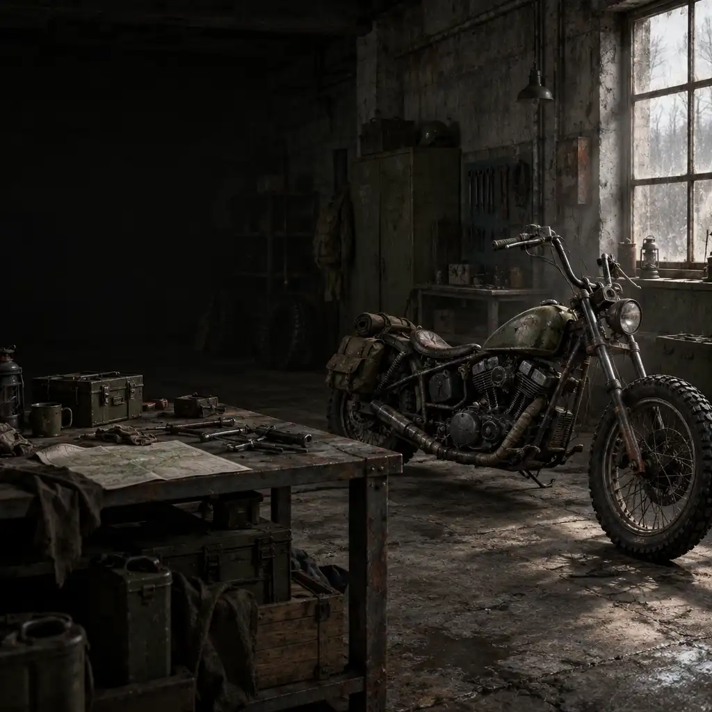 Improwizowany warsztat przetrwania z motocyklem typu chopper, stołem narzędziowym i skrzyniami na zapasy